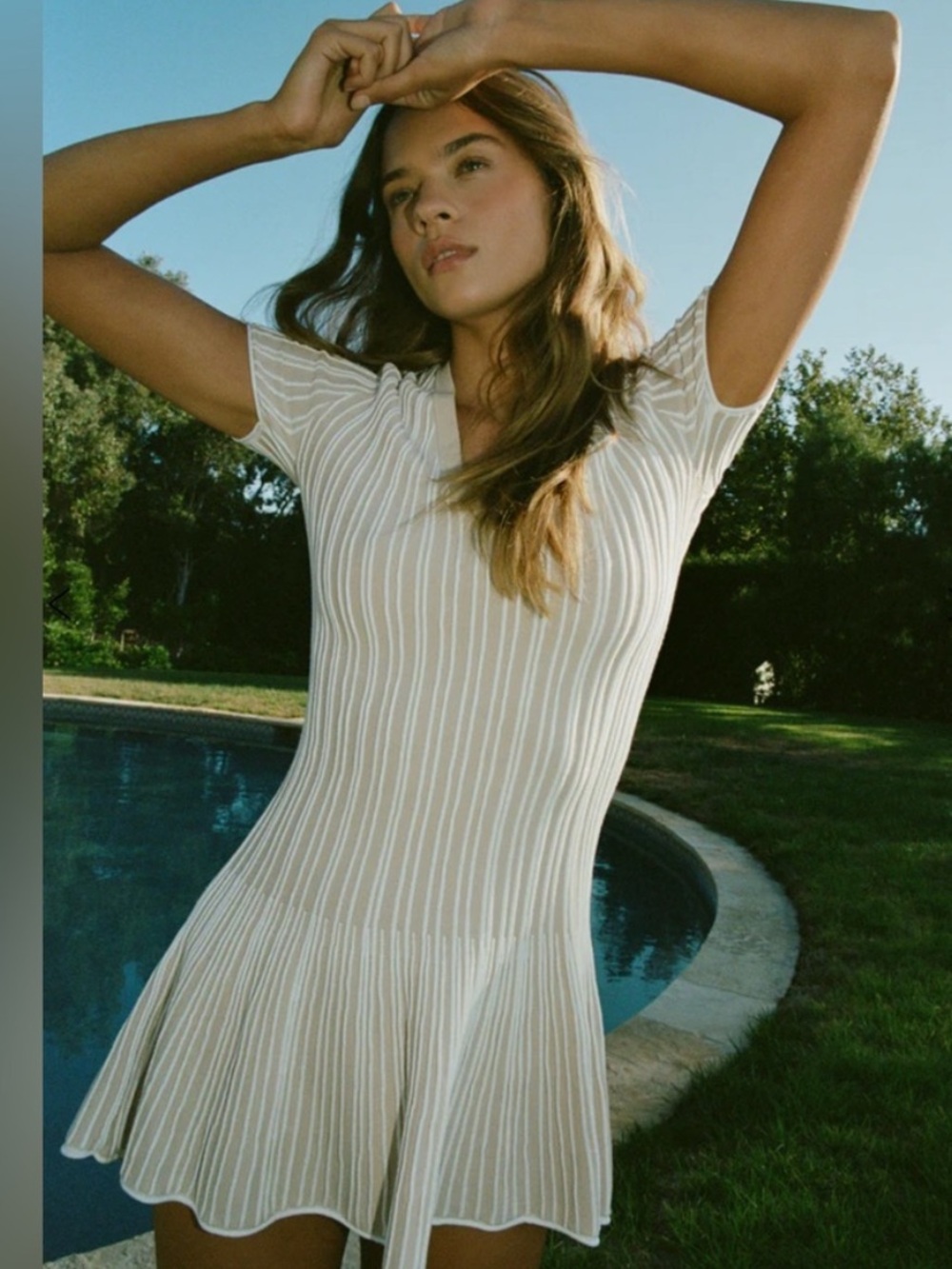 WITH JEAN Georgie Stripe Knit Beige White Fit & Flare Mini Dress Sz L 🧡
